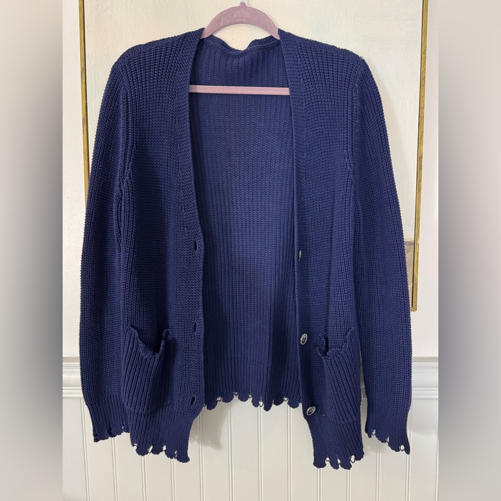 MK FASHIONS ITALY Women's Blue Knit Distressed Cardigan Sweater Size 46